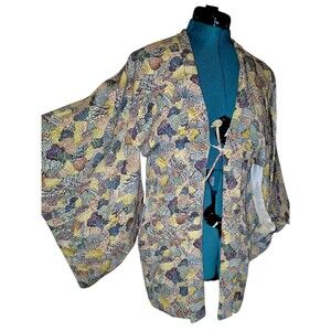 Japanese Vintage Haori Kimono Tie Front Jacket Silk Garden Landscape pattern OS